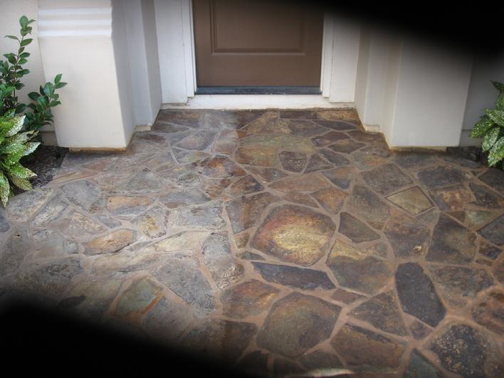 A picture of how we strip, clean, and seal the flagstone while in the process of restoring and refinishing Palm Springs, Indio, Rancho Mirage, Palm Desert, El Centro, Fairbanks Ranch, Los Angeles, San Diego, Orange County, Riverside County, San Fernando Valley,Ca